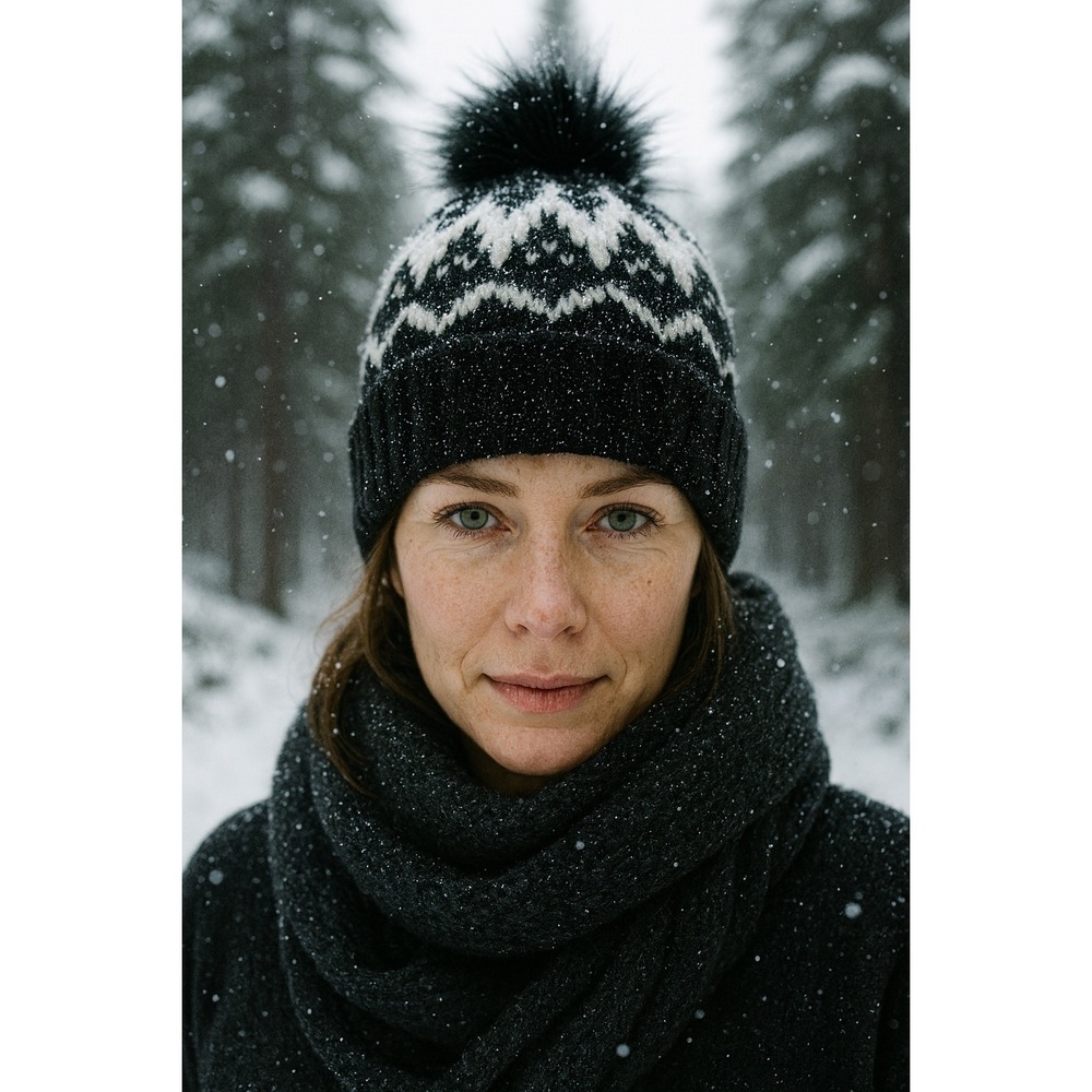 NWT TOCCIN Asher Fair Isle Beanie Black White Sparkle Pom Pom OS